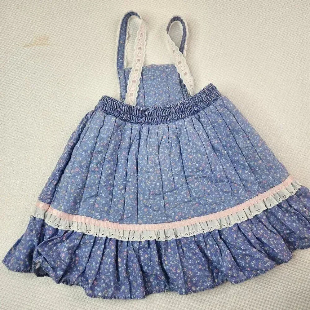 Vintage 80s Her Majesty Girls 3T Jumper Dress Blue Quilted Floral Prairie